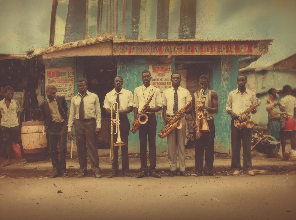 Banda de ska con instrumentos de viento frente a un edificio.
